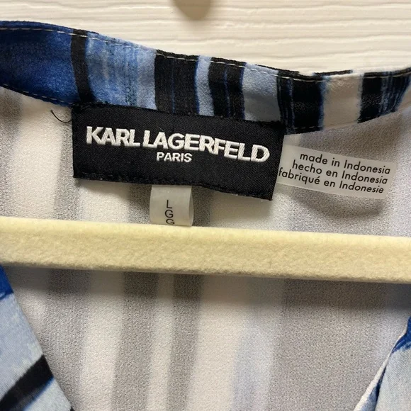 Karl Lagerfeld Paris Blue/Black/White Ruffle Blouse EXCELLENT CONDITION - Picture 3 of 3